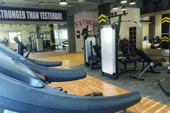 Fully-equipped modern gym with workout machines and ambient lighting in a residential society in Kharar.