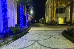 Wide-angle view of a modern residential society with villas, wide roads, and greenery
